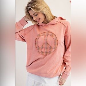 EASEL coral  WASHED TERRY KNIT PULLOVER HOODIE size Large
